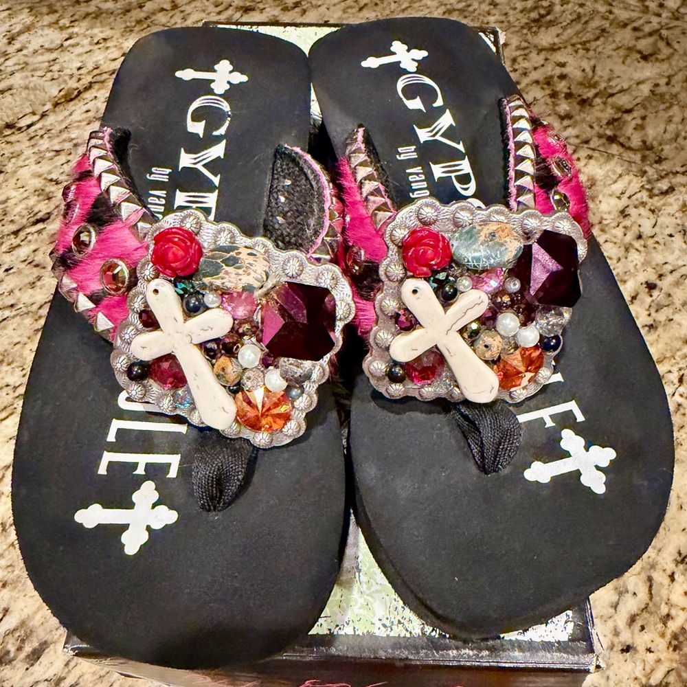 Gypsy Soule Black Sandals with Pink and Red Embellishments